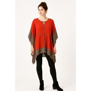 Tunic Red Black Mixed Print Ruffled Trim Size S